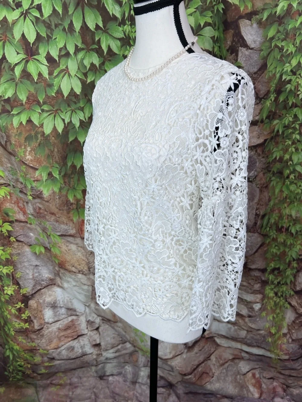 NWT ZARA Cottagecore Crewneck White Lace Bell Sleeve Blouse, XS